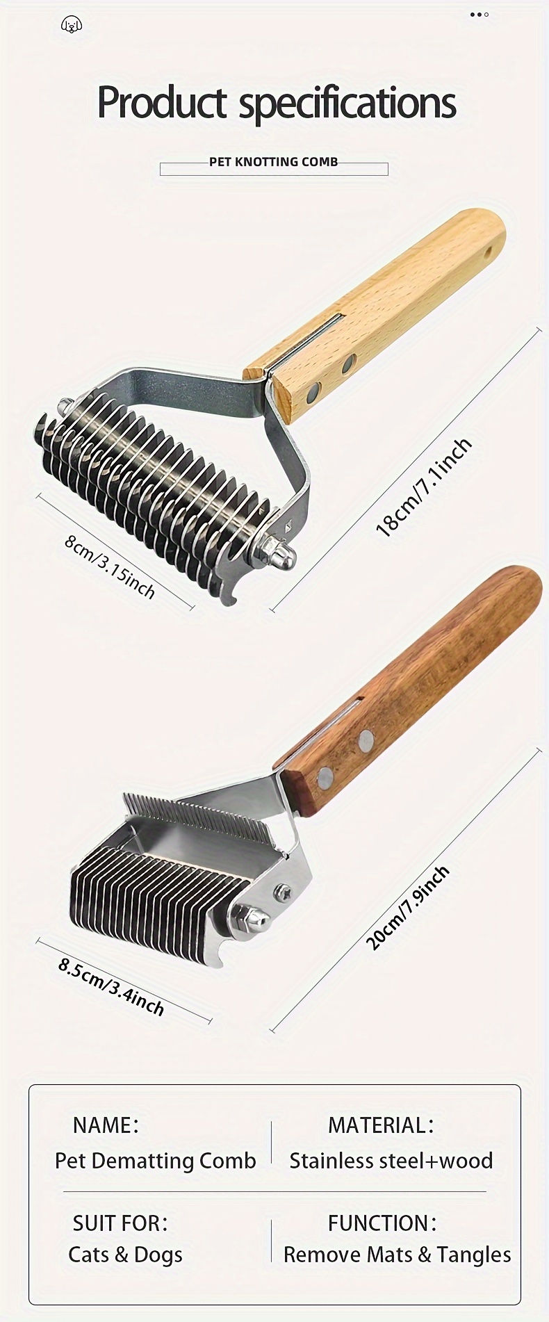 pet dematting     1   deshedding     tool for long    ed removing                 steel   wooden   details 8