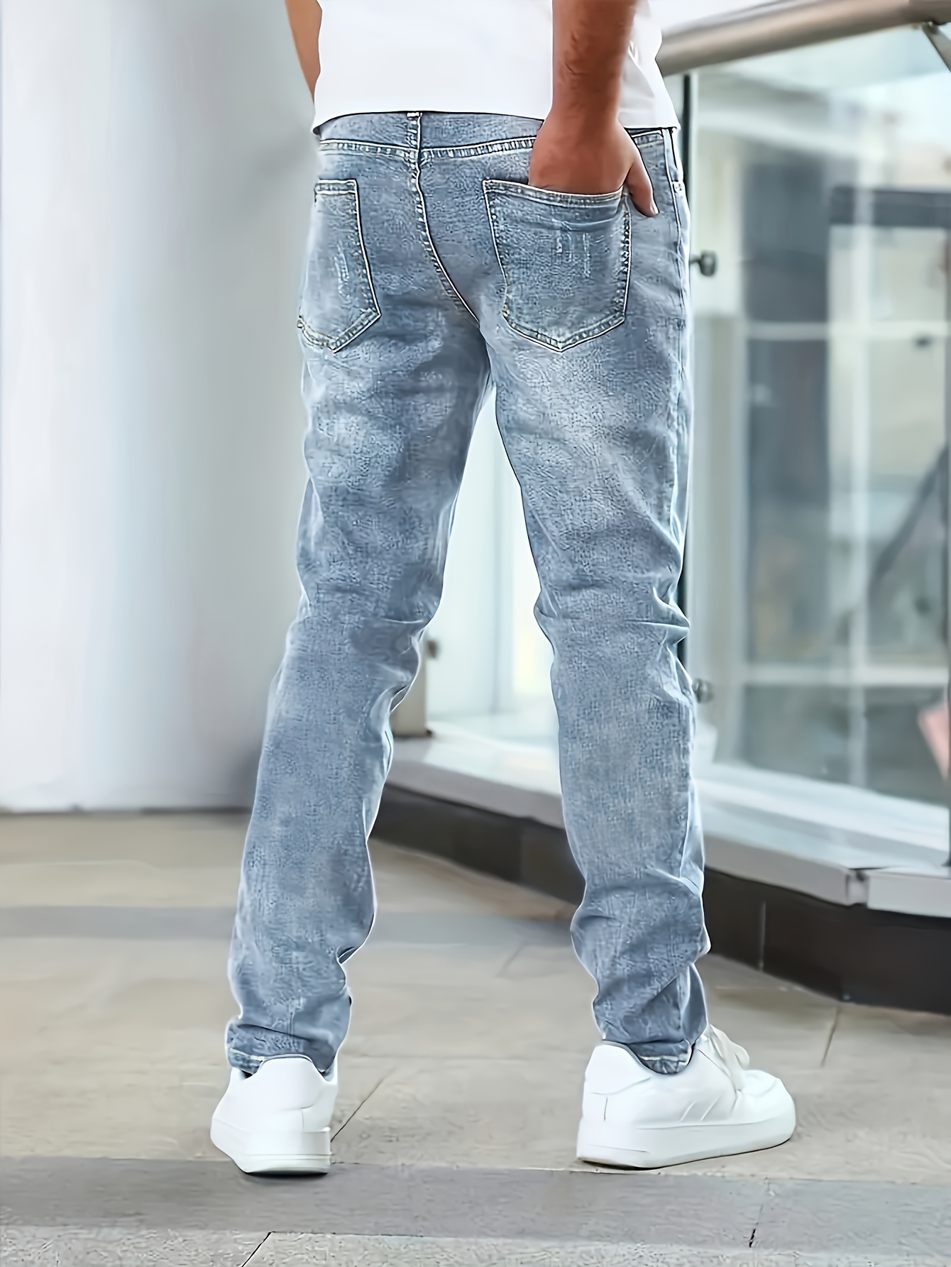 mens casual medium stretch jeans classic design denim pants details 12