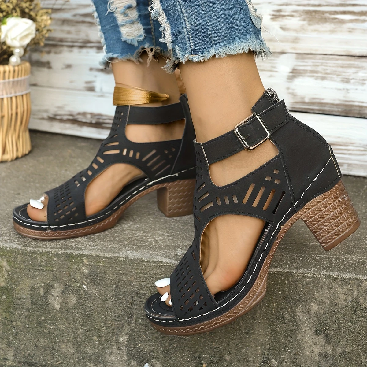 1 pair womens summer casual open toe platform sandals solid color hollow out design with zipper closure high heel man made upper inner polyurethane sole high heel sandals details 0
