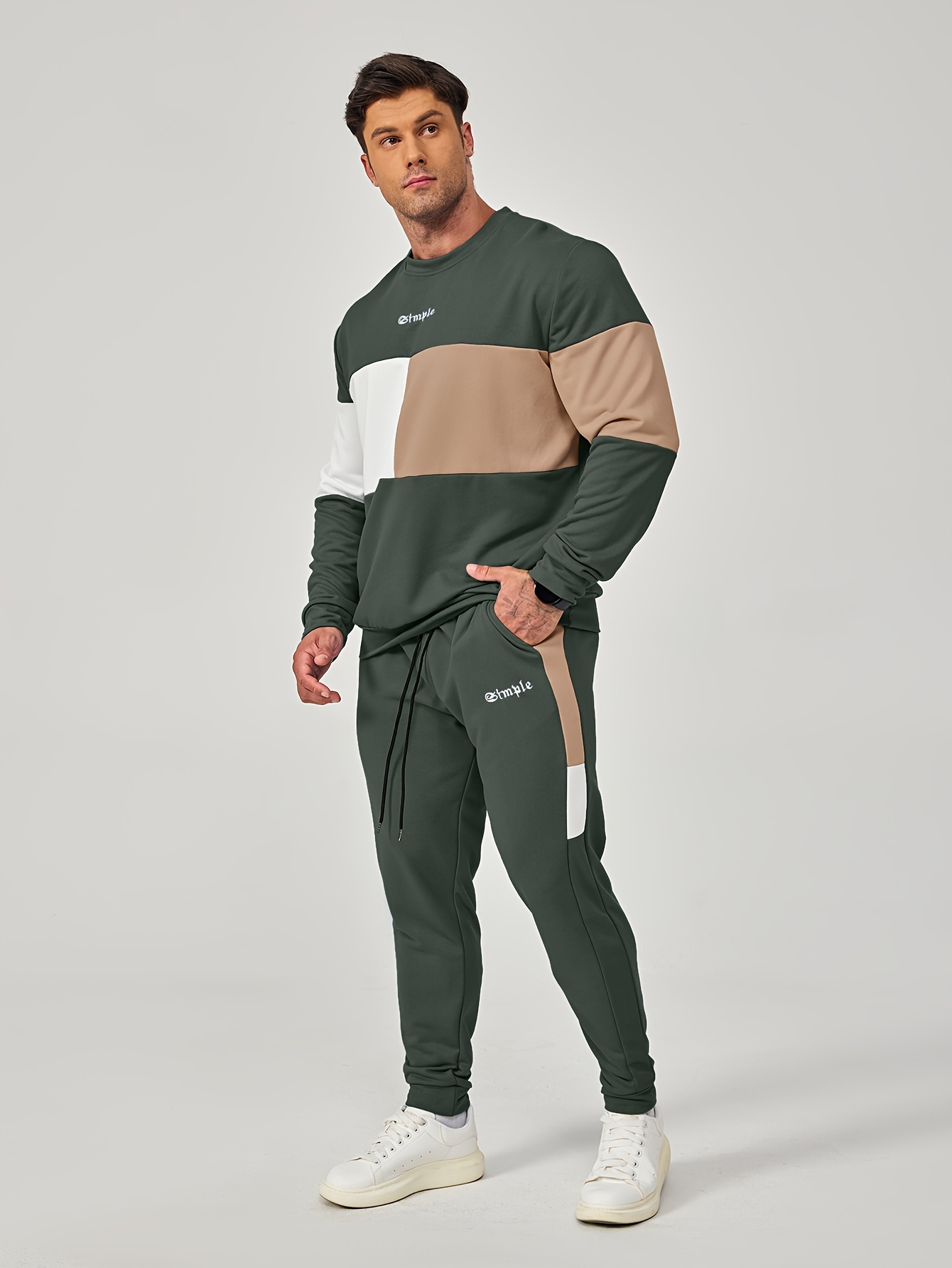 mens color block 2pcs outfits casual crew neck long sleeve sweatshirt and sweatpants joggers set for winter fall mens clothing details 3