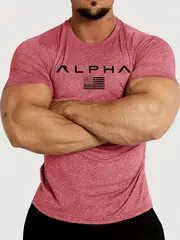 mens athletic crew neck t shirt quick dry polyester knit fabric short sleeve alphabet print skinny fit casual sports top for spring summer polyester 180gsm details 25