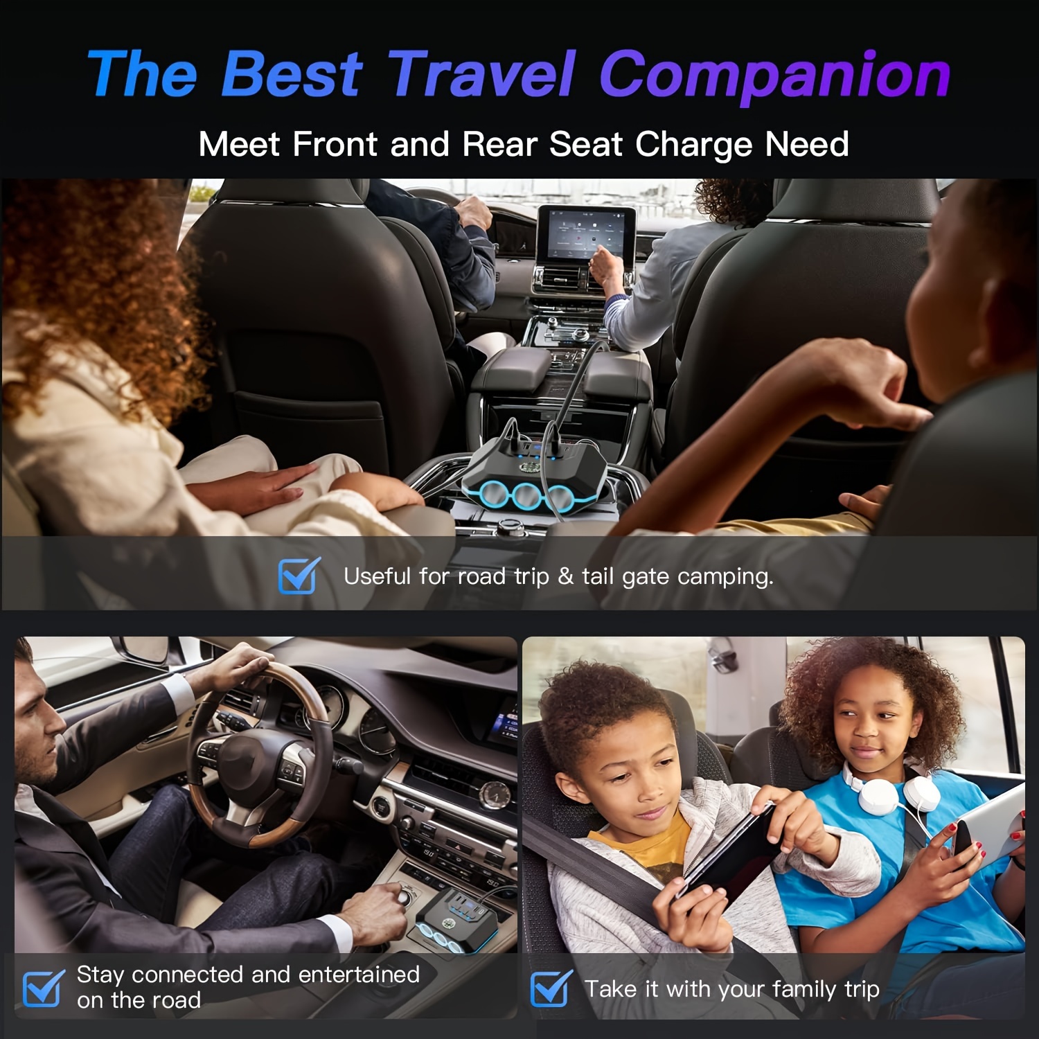 120w 7 in 1 car charger with led display splitter adapter 3 ac outlets 4 usb ports separate switches 12 24v 3 3ft cable details 4