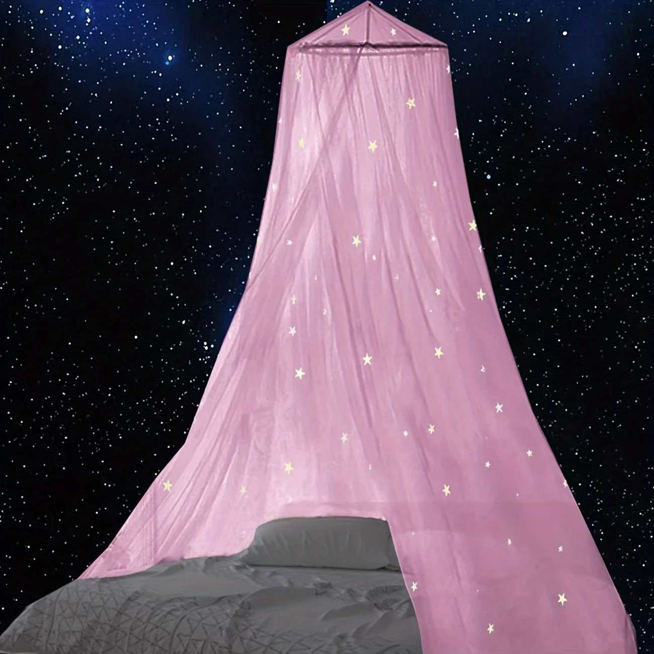 glow in the dark starry bed canopy no power needed soft polyester fabric with illuminated star patterns iron wire bracket lightweight machine washable cozy bedroom ambiance in blue or white mosquito net round semitransparent material details 1