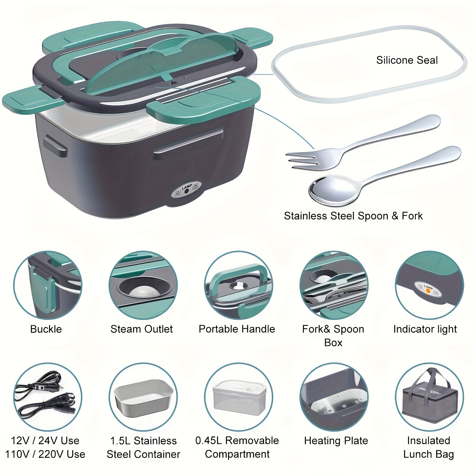 electric lunch box faster food warmer 1 8l larger self heating 12v 24v 110v portable food heater for car truck work leakproof removable container with cutlery for adults details 1