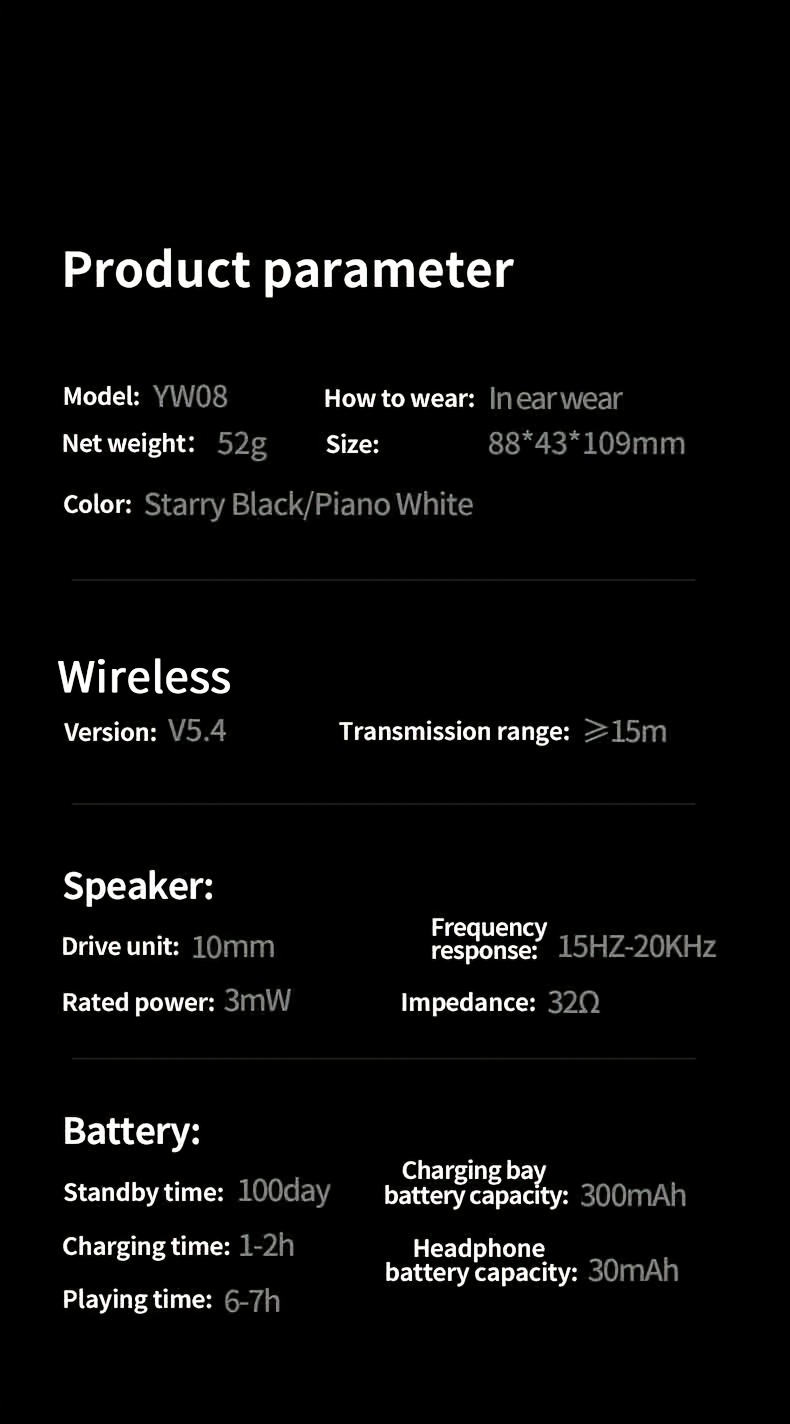 1 pair yw08   smart wireless earbuds active noise cancelling   sound usb charging type c volume control compatible with phones with polymer lithium battery for adults details 11