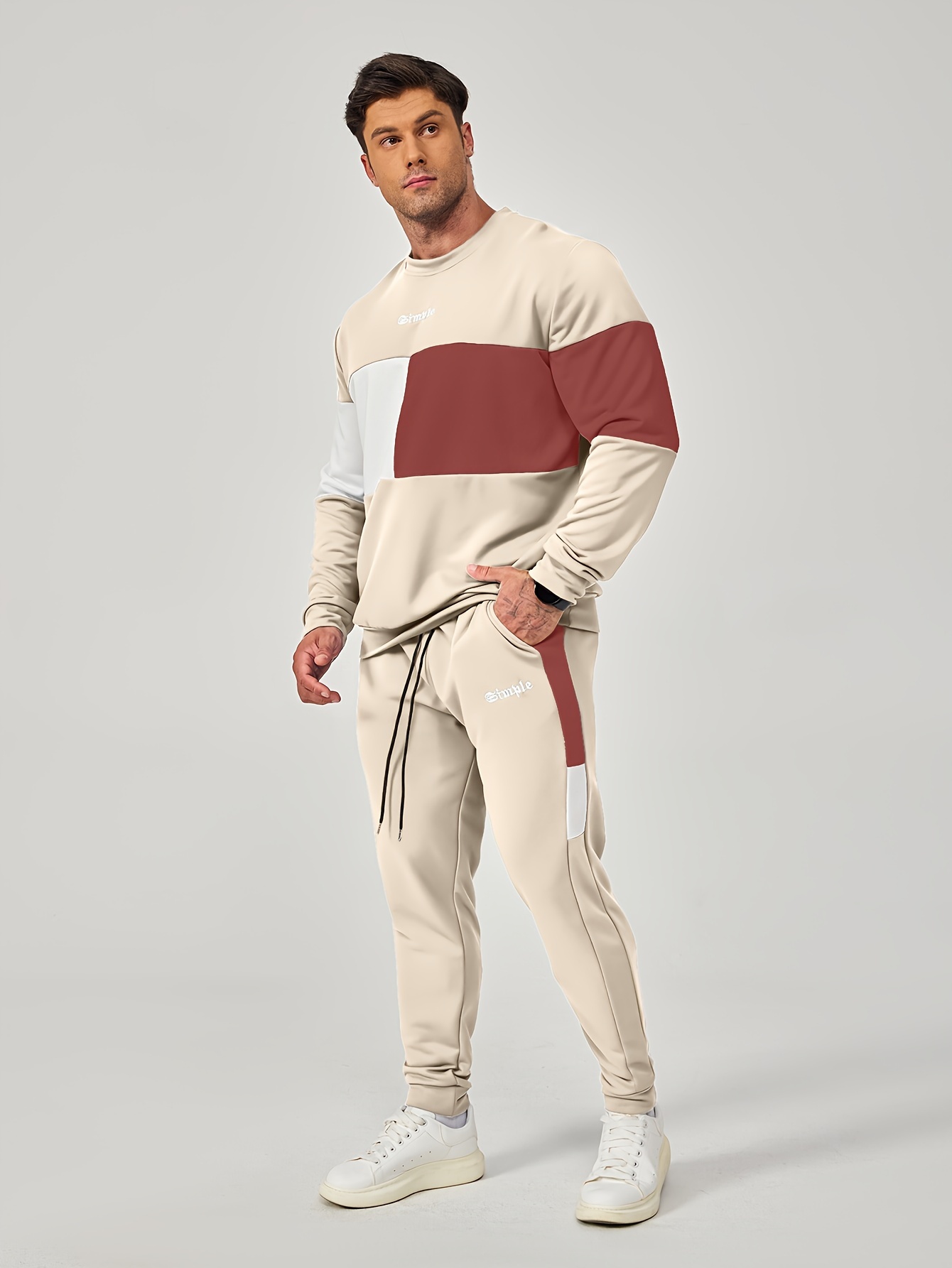 mens color block 2pcs outfits casual crew neck long sleeve sweatshirt and sweatpants joggers set for winter fall mens clothing details 13