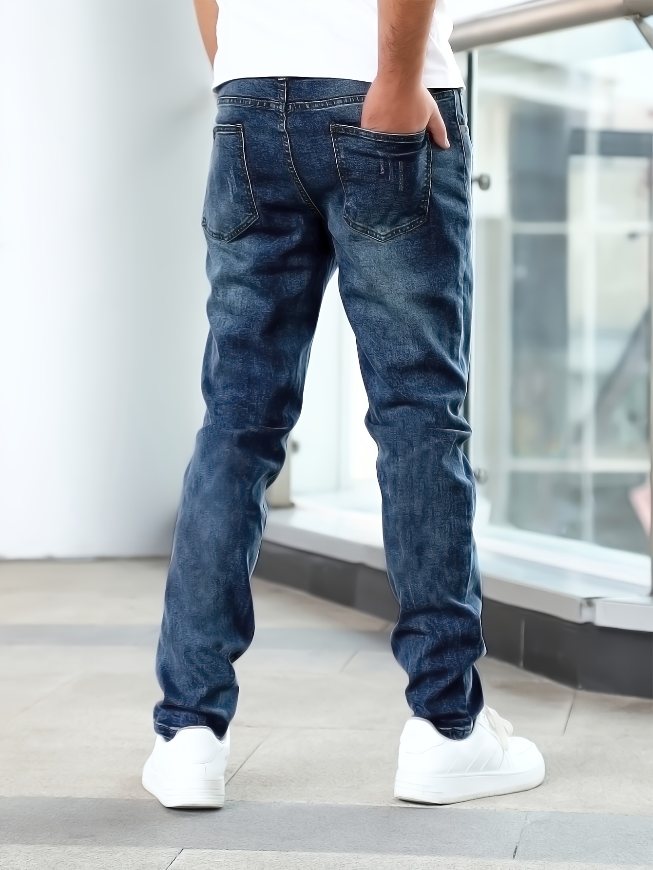 mens casual medium stretch jeans classic design denim pants details 7