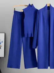 new high autumn and winter 2024 womens loose knit set featuring long wide leg pants a shawl cardigan and a turtleneck sweater in a stylish three piece ensemble details 6