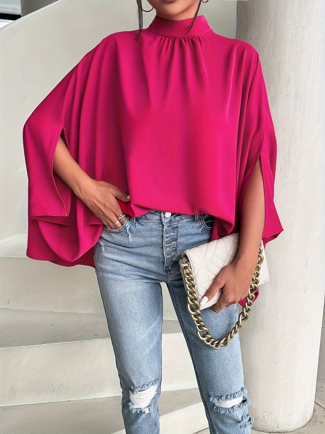 womens oversize smock neck knot back batwing sleeve blouse shirt top rose red 1