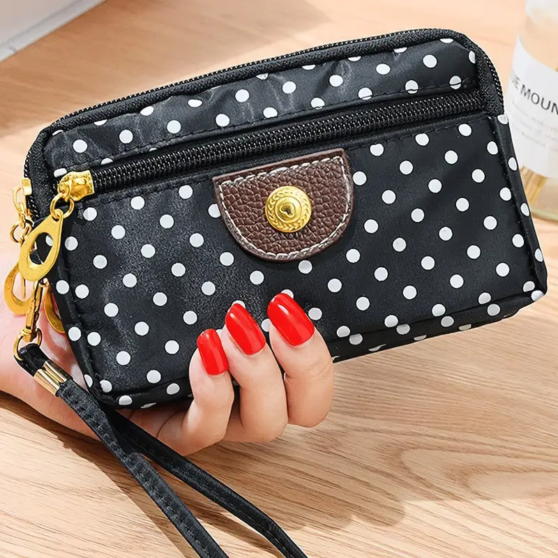 elegant nylon clutch wallet polka dot pattern four zipper pockets mixed color polyester lining random printing purse for women running casual wear details 0