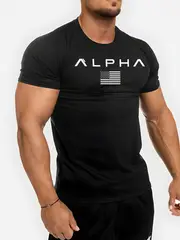 mens athletic crew neck t shirt quick dry polyester knit fabric short sleeve alphabet print skinny fit casual sports top for spring summer polyester 180gsm details 13