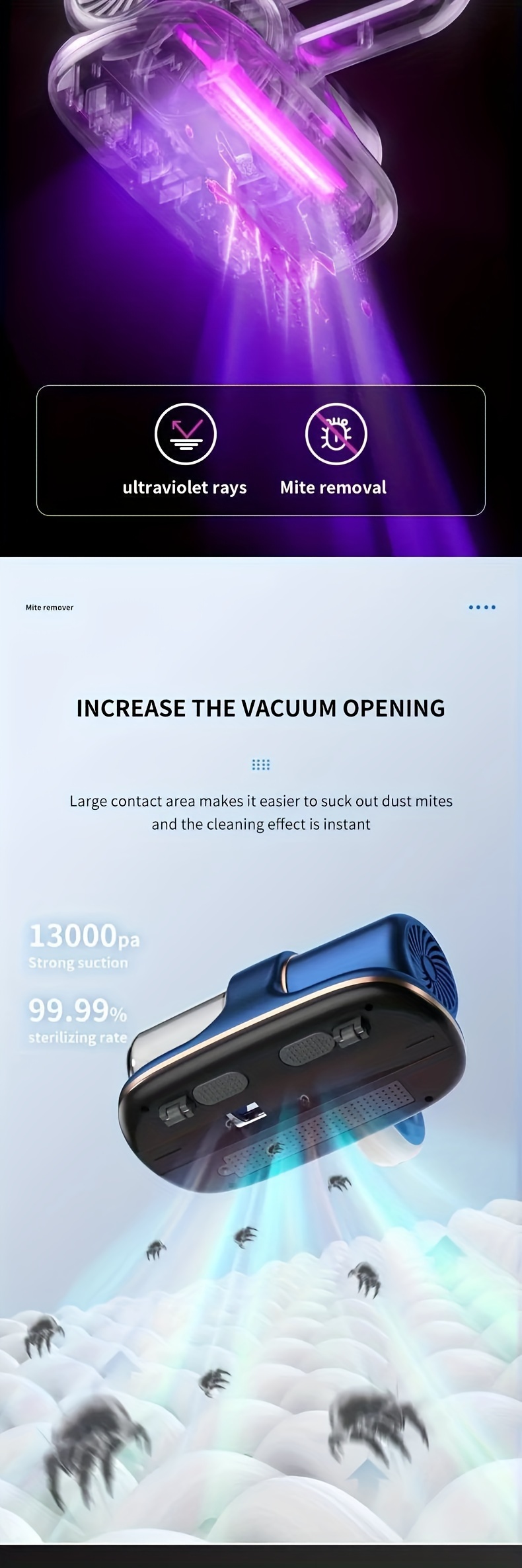 6600mah 100w 65db 1pc bed vacuum super suction and low noise uv washable hepa filter for deep cleaning   mattress vacuum cordless effective cleaning of beds sofas pet hair and carpets details 2