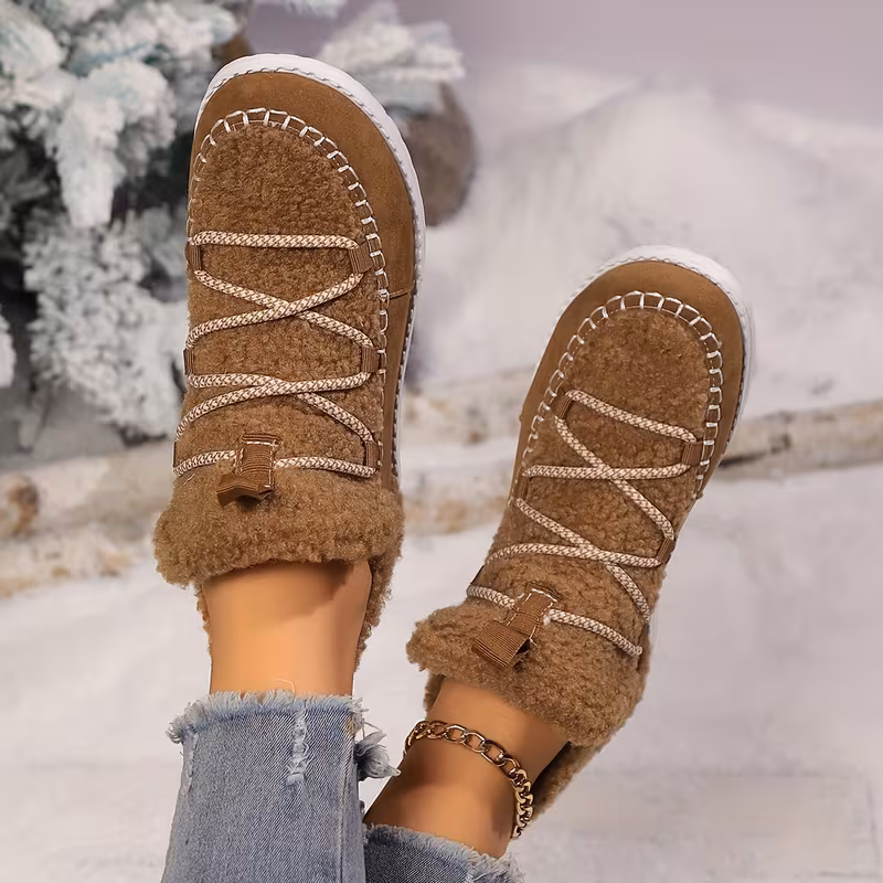 womens plush winter boots with thickened fleece lining slip on round toe flat sole brown cover upper eva sole cushioned insole Product details 10