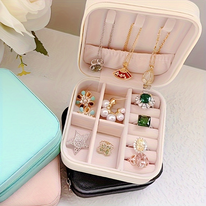 Elegant Mini Jewelry Organizer - Portable Faux Leather Travel Case for Earrings, Necklaces, Rings | Available in White, Pink, Blue, Black | Perfect Gift for Women & Girls details 2