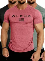 mens athletic crew neck t shirt quick dry polyester knit fabric short sleeve alphabet print skinny fit casual sports top for spring summer polyester 180gsm details 29
