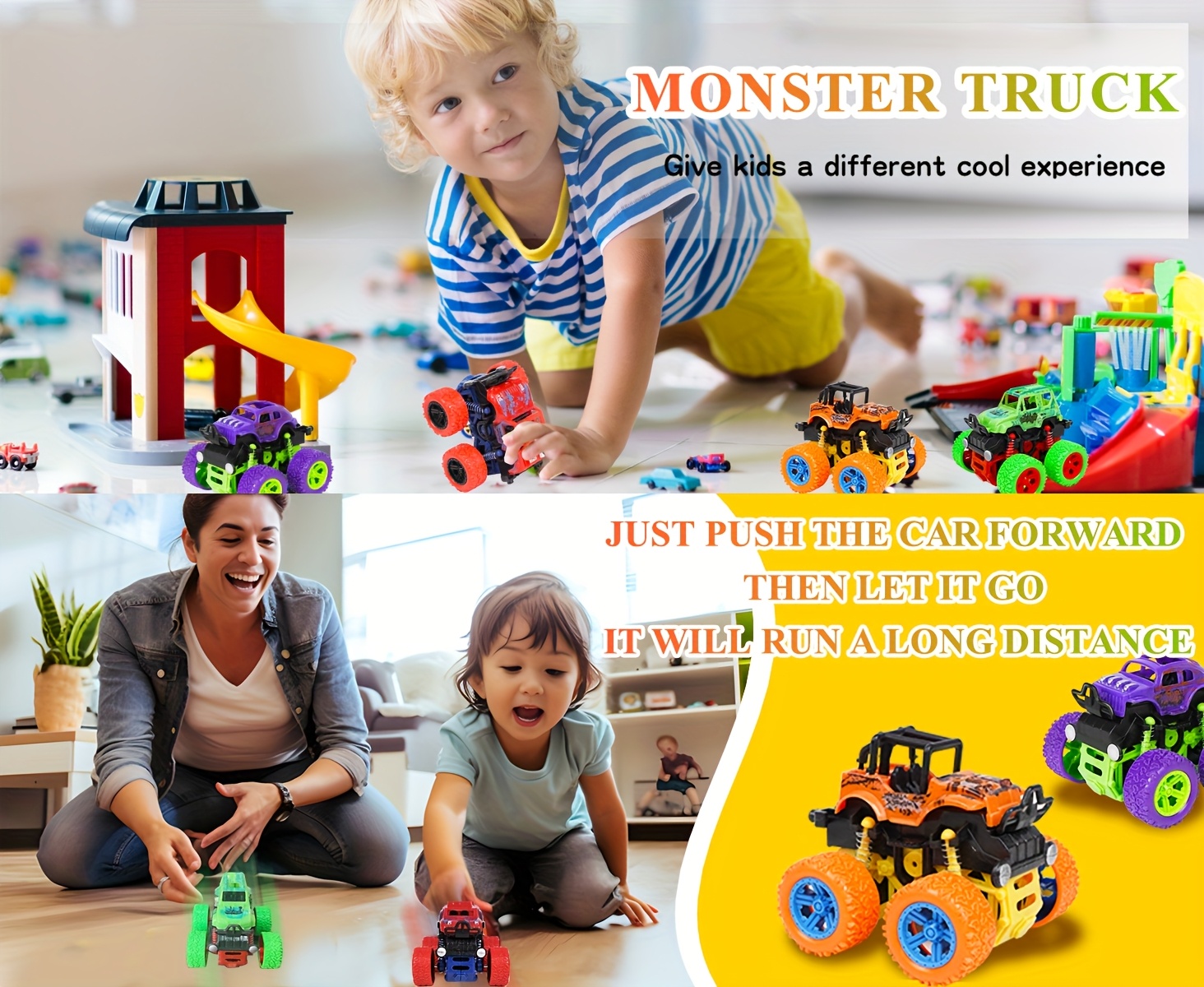 4pcs friction powered monster trucks for   3   double     cars with 360 rotation durable pull back vehicle set perfect birthday gift Product details 0