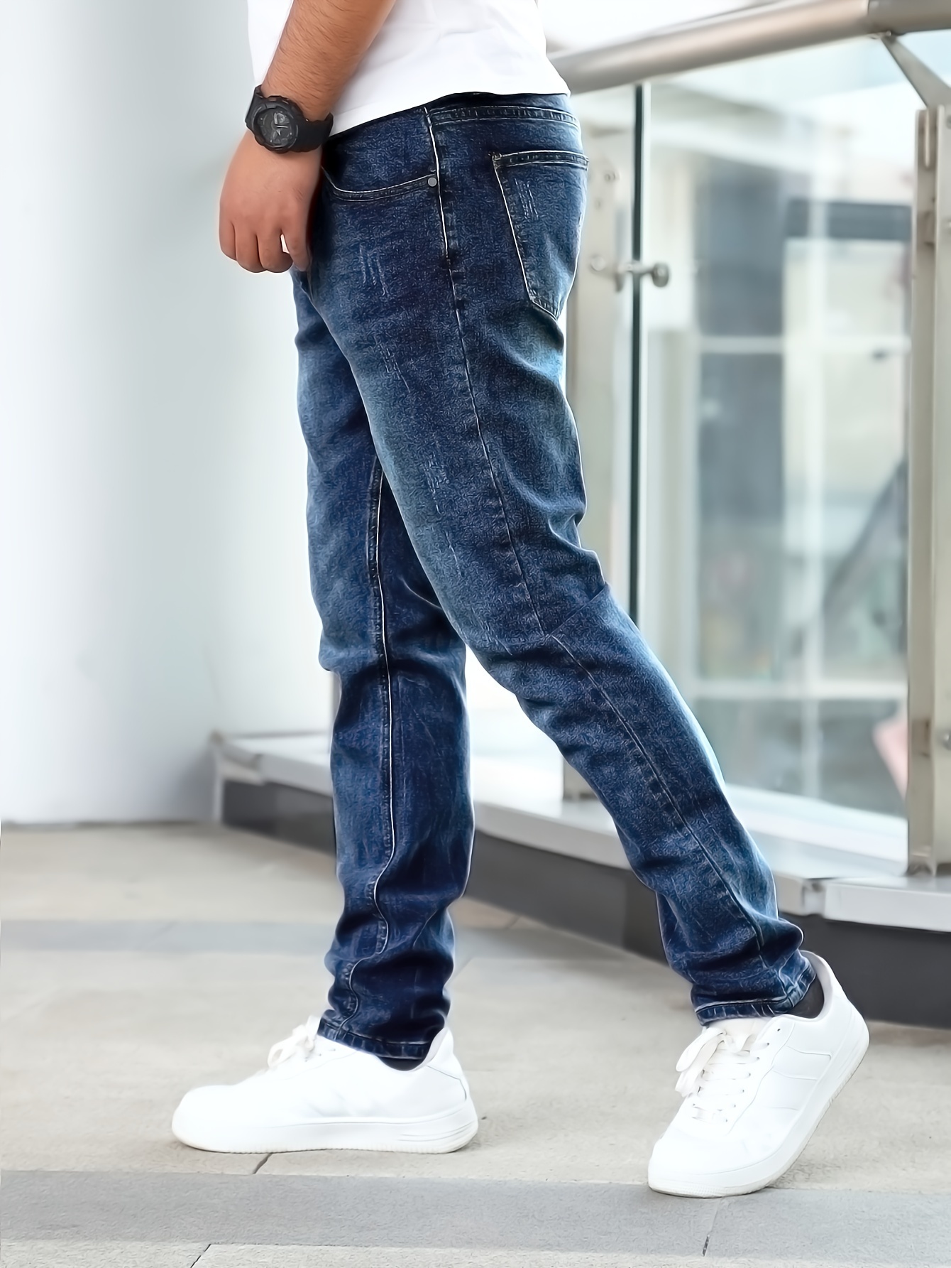 mens casual medium stretch jeans classic design denim pants details 8