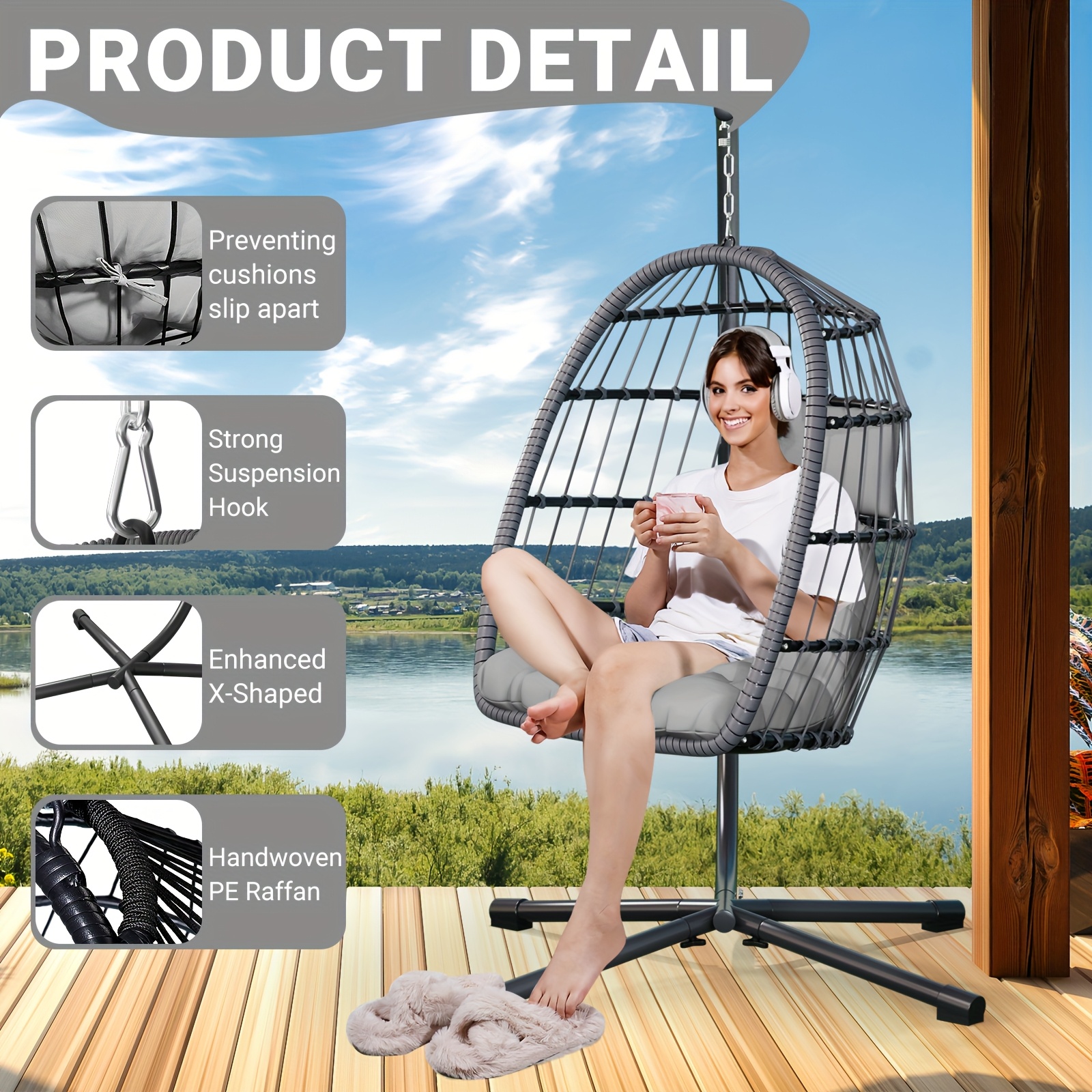  egg chair with stand sturdy rattan wicker hanging swing for patio porch or garden thickened aluminum   uv resistant cushion 350lbs capacity grey easy to assemble comfortable for indoor outdoor use egg chair for outside details 4