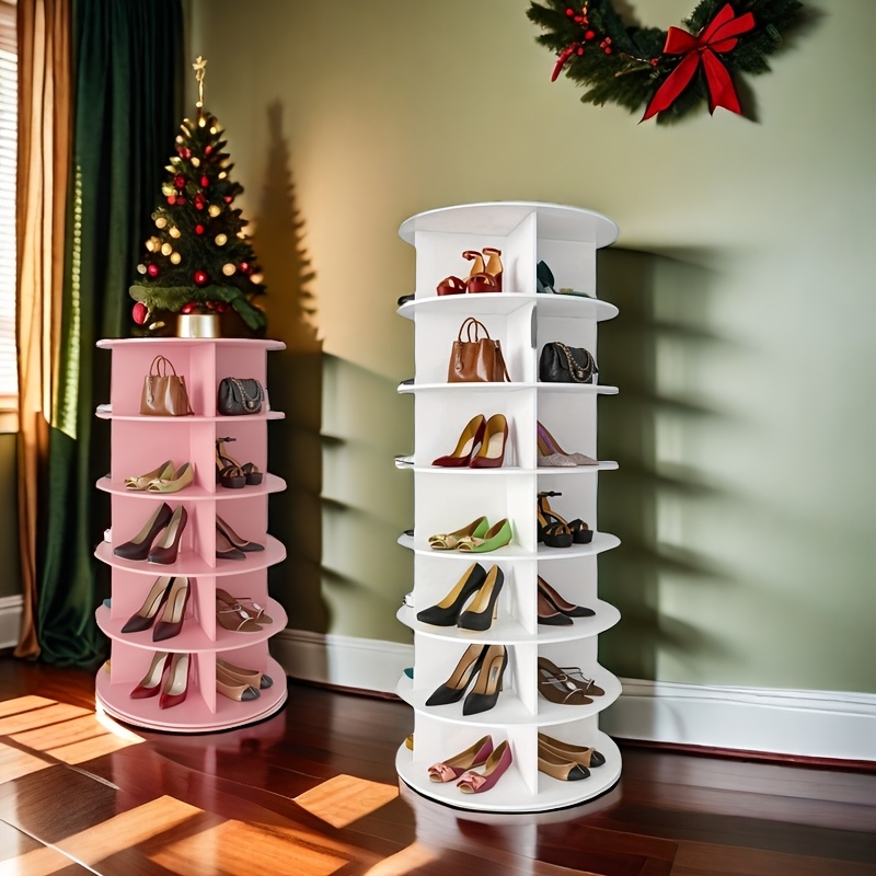 5 tier 7 tier rotating shoe rack tower spinning shoe display lazy susan revolving 360 shoe rack storage round carousel vertical handbag rotate shoes closet organization white pink valentines day details 4