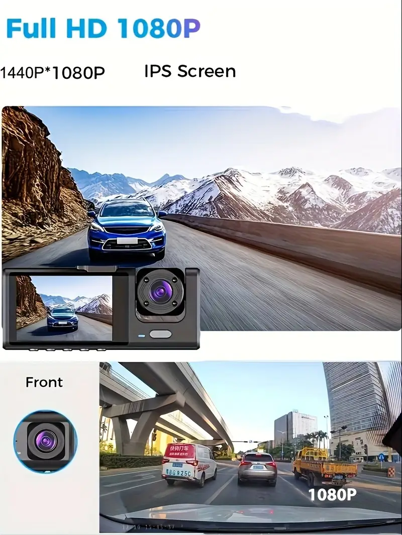 1080p triple dash cam for cars front inside rear view with ir night loop recording and 2 0 ips display details 2