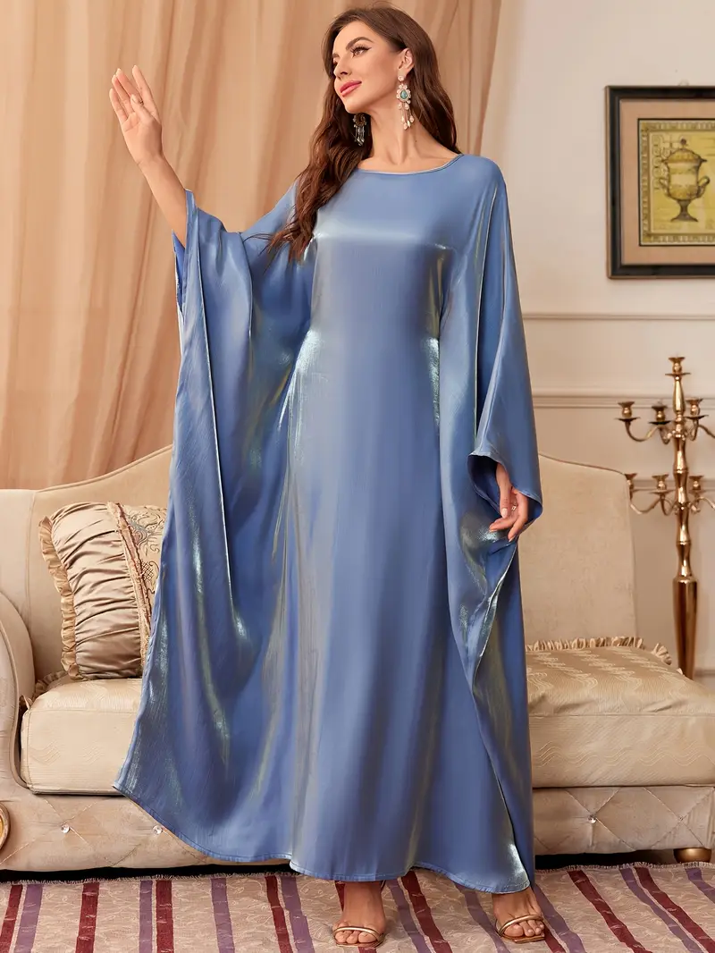 womens solid color batwing sleeve tie back round neck fashion middle eastern dress Product details 2