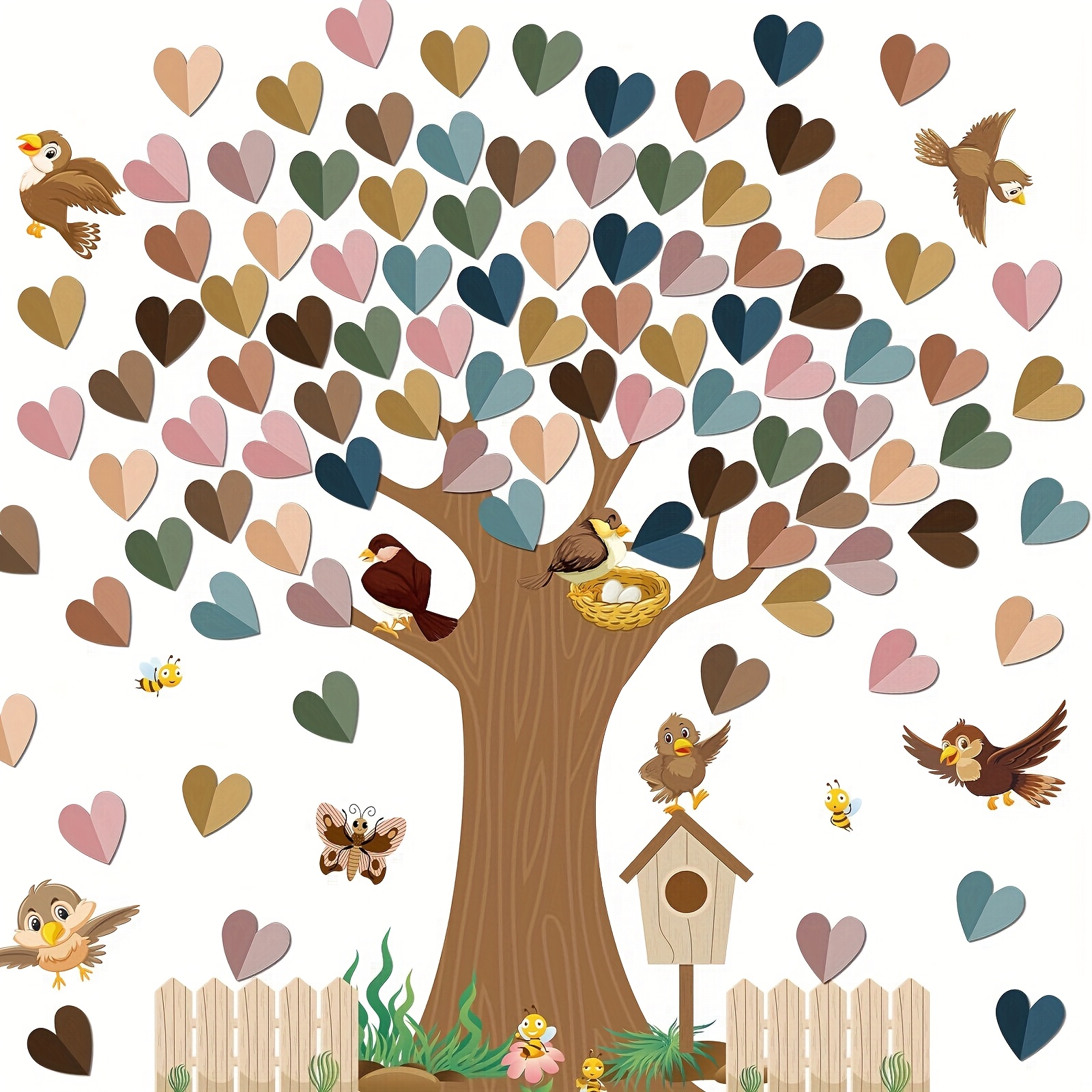 tablica ogłoszeń w kształcie   z drzewem - żywa dekoracja papierowa z kolorowymi  mi i ptakami, idealna na przybory szkolne, dekoracje klasy lub aktywności uczniowskie, dekoracja klasa | żywe ozdoby | kolorowy wzór, dekoracje drzewne do klasy