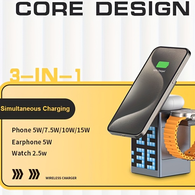 Haut-parleur sans fil 6 en 1 15 W, charge rapide sans fil, adapté au chargement de montres de téléphone portable, affichage d'écran de bricolage, station de charge sans fil portable compacte détails 1