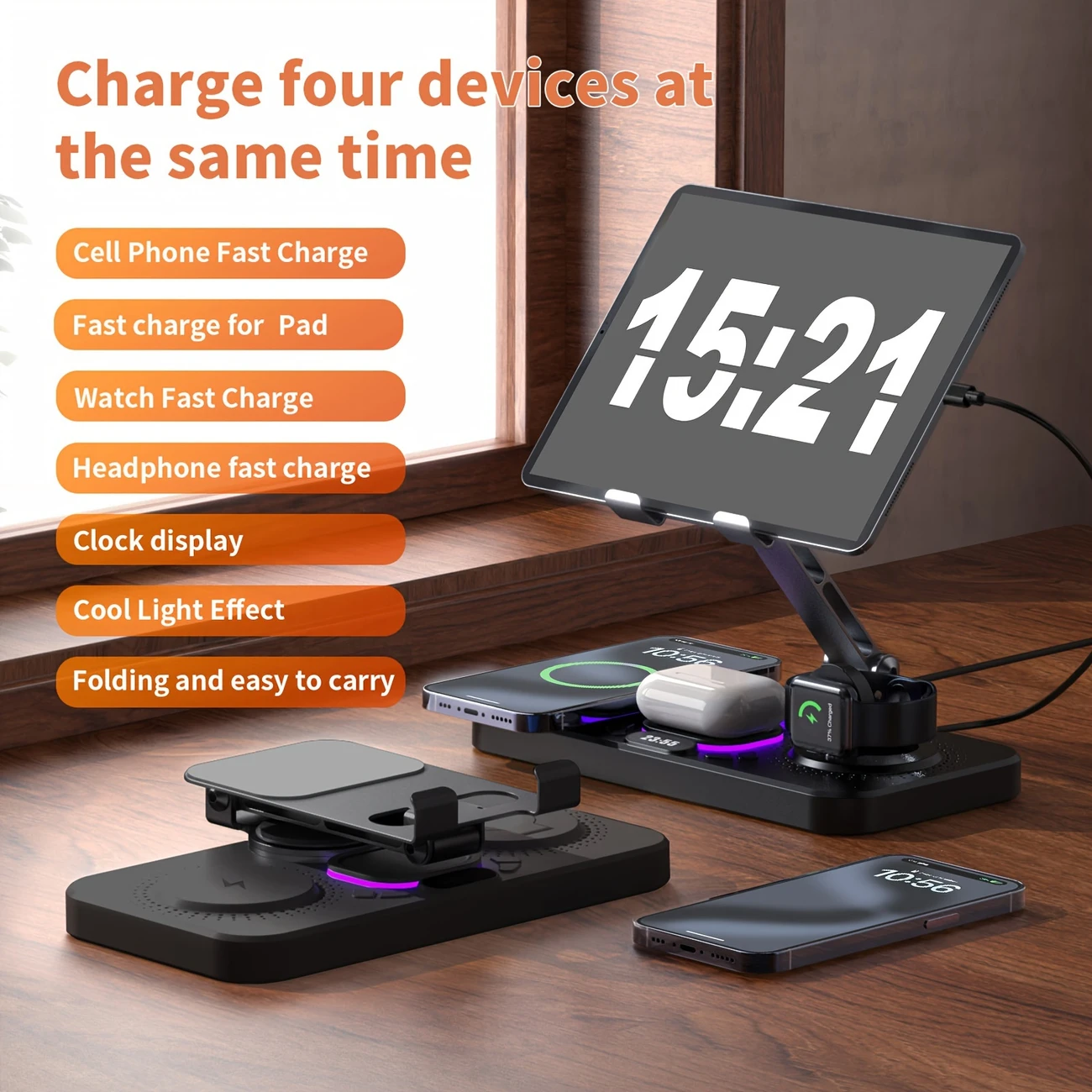 6in 1 Wireless Charging Station for Multiple Devices, Magnetic Fast Charger Foldable Stand Dock with Alarm Clock Night Ligth for iPhone 15 14 13 12 Series, for iWatch 9 8 7 6 5 4 3 2, for Pro2 Pro 3 2, Rotating Holder for iPad details 0