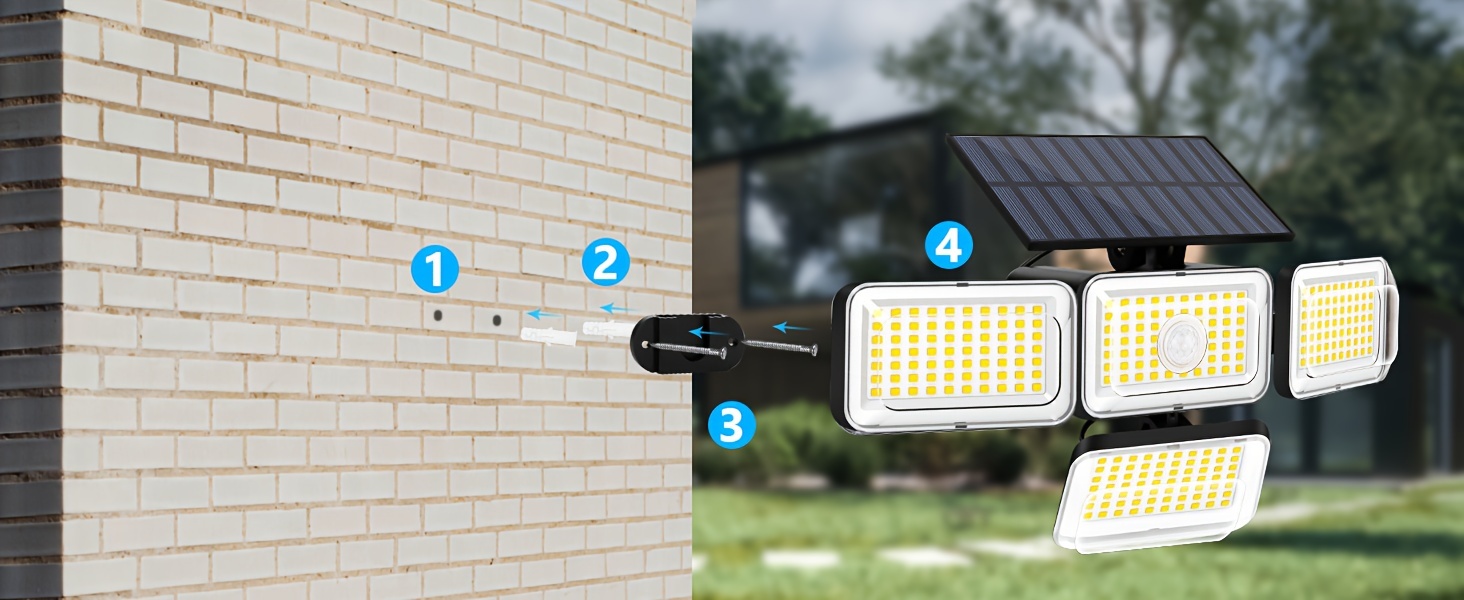 2pcs super bright extra wide solar motion sensor outdoor light floodlight security light four adjustment modes four light heads 270 lighting angle remote control for yard garage porch details 8