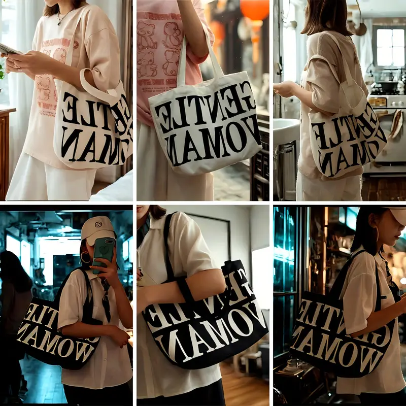 canvas tote bag large capacity white letter print shoulder bag for everyday use everyday shoulder bag bag simple tote construction details 0