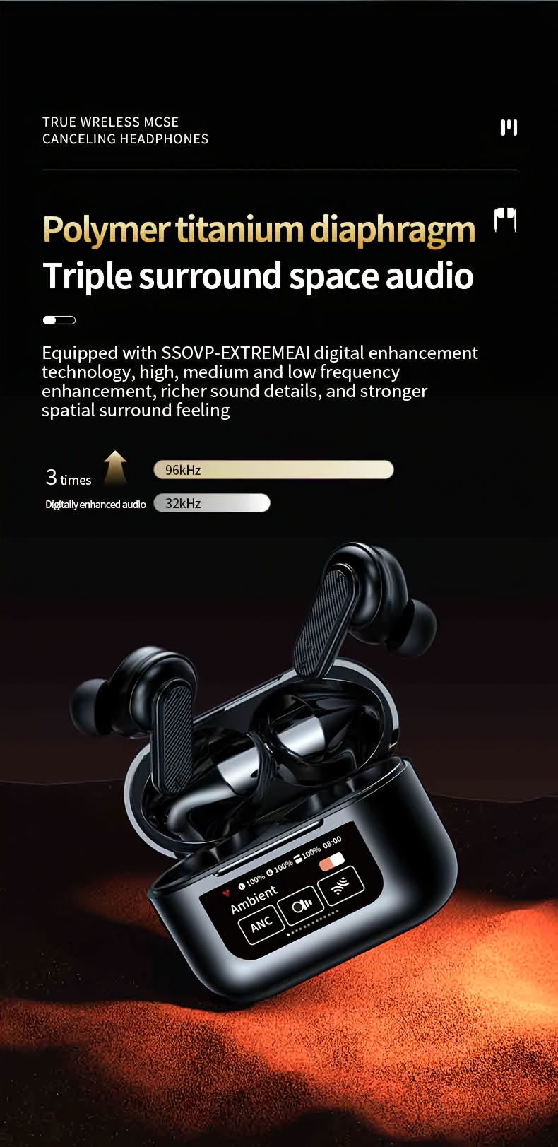 1 pair yw08   smart wireless earbuds active noise cancelling   sound usb charging type c volume control compatible with phones with polymer lithium battery for adults details 5