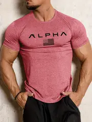 mens athletic crew neck t shirt quick dry polyester knit fabric short sleeve alphabet print skinny fit casual sports top for spring summer polyester 180gsm details 28