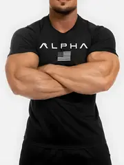 mens athletic crew neck t shirt quick dry polyester knit fabric short sleeve alphabet print skinny fit casual sports top for spring summer polyester 180gsm details 16