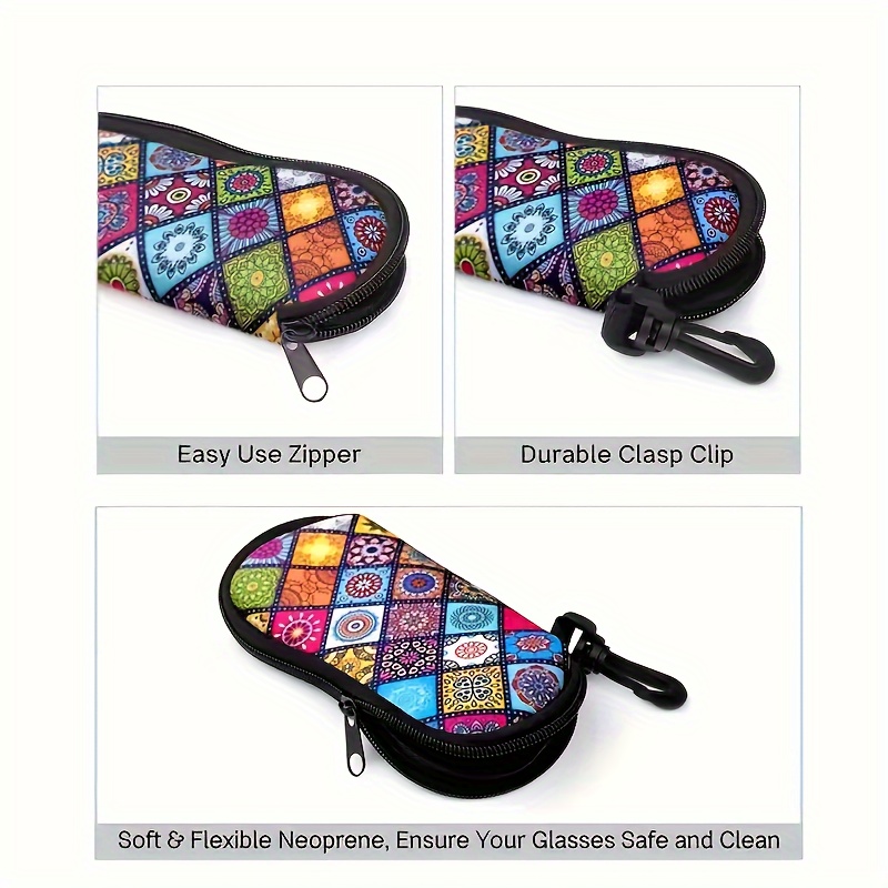 stylish mandala neoprene   case with zipper carabiner clip portable fits all glasses sizes 1pc details 1