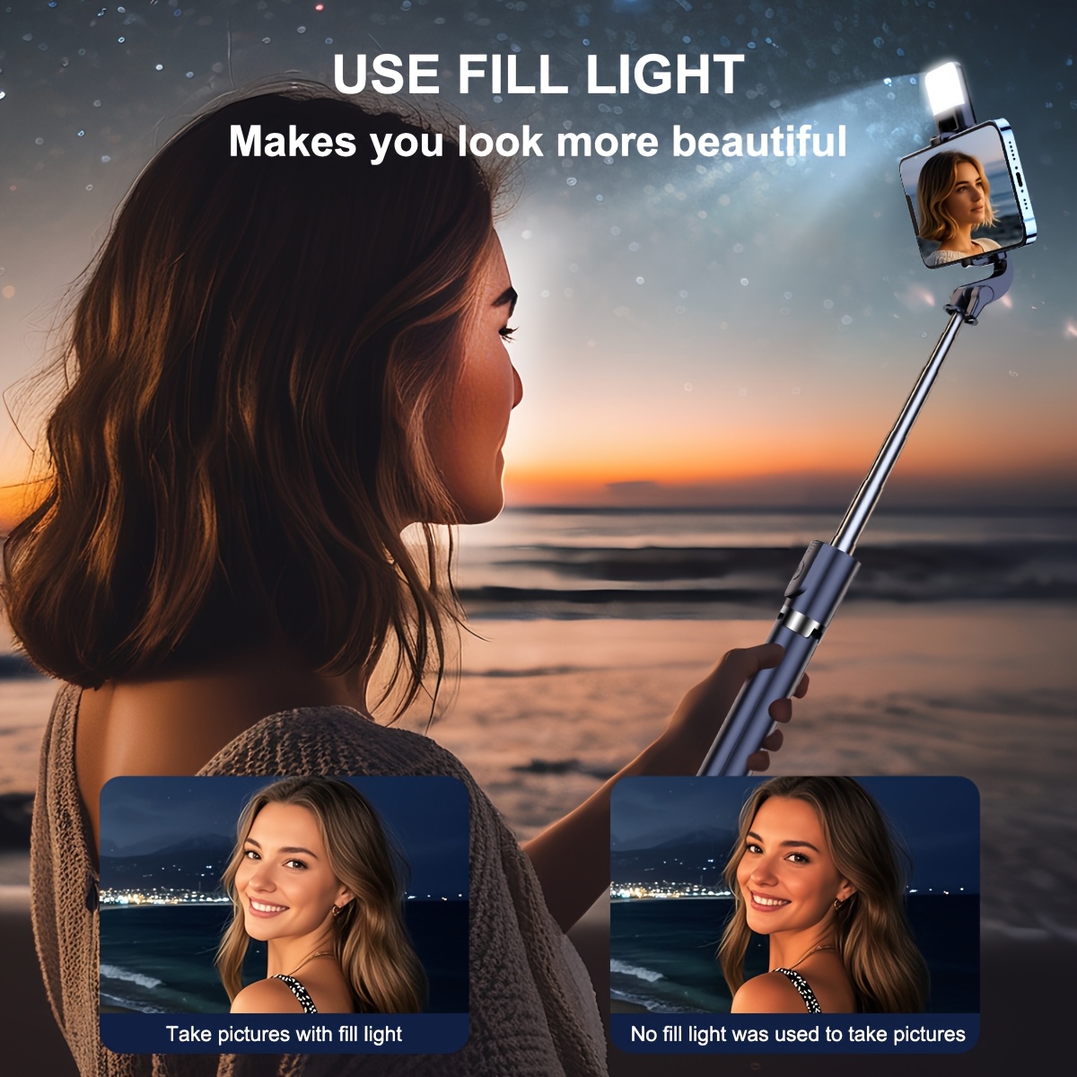 מקל סלפי led נייד עם חצובה - סיבוב  °, נשלף, חומר abs עמיד - אידיאלי לצילום טיולים, תואם ל- / /  פרטים 5