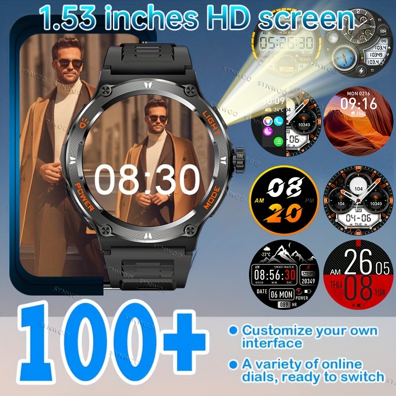 smart watch for men with led strong light flashlight 1 53 music player pedometer 100 sports modes fitness sleep monitor compass smartwatch for iphone android details 5