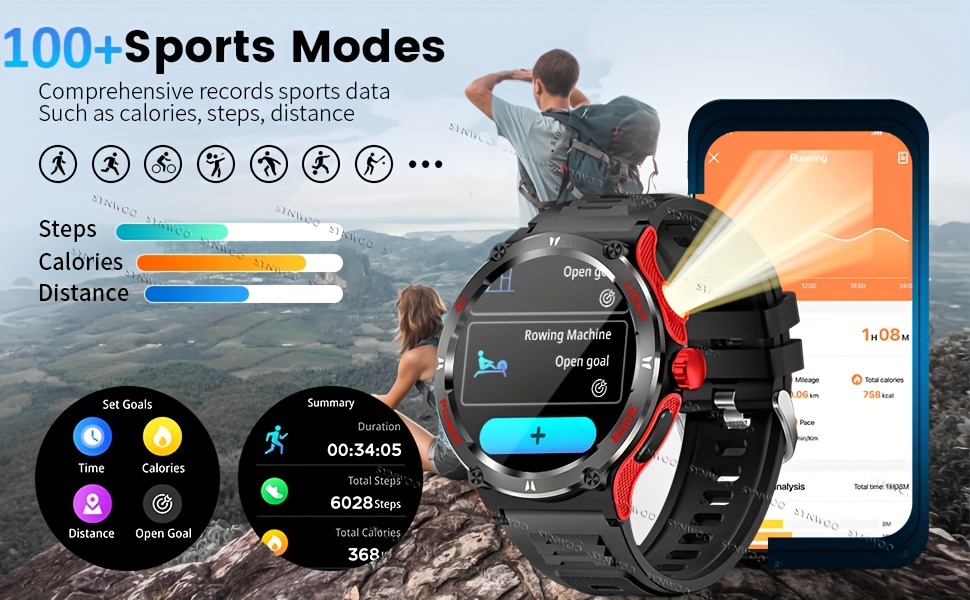 smart watch for men with led strong light flashlight 1 53 music player pedometer 100 sports modes fitness sleep monitor compass smartwatch for iphone android details 8