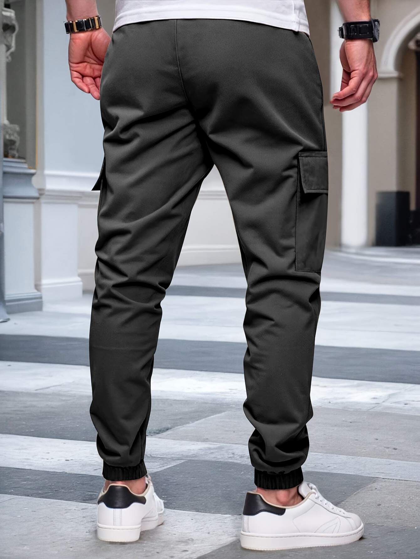 mens casual solid color cargo pants with elastic waist and side pockets comfortable for outdoor activities regular fit details 2
