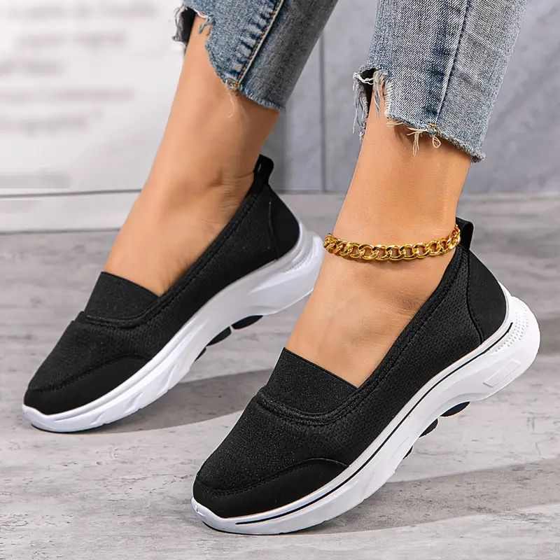 womens spring casual slip on sneakers comfortable solid color mesh fabric shoes non slip soft pvc sole low top plain toe walking shoes for middle aged and elderly details 1