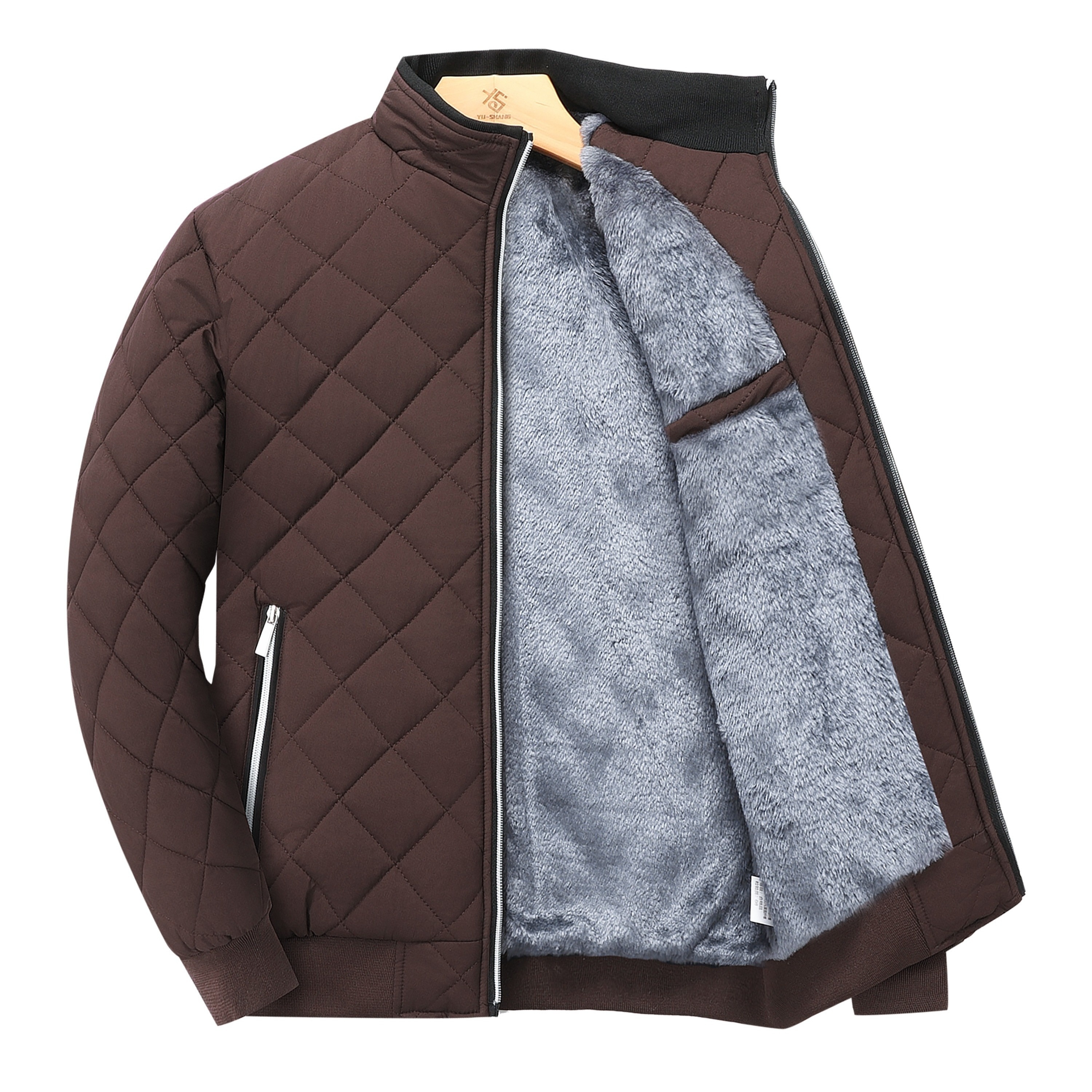 mens quilted fleece lined jacket warm stylish casual zip up with stand collar long sleeves and pockets dark green polyester   winter zip up jacket details 2