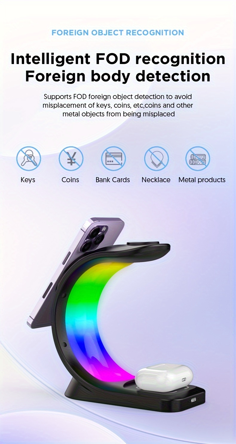 wireless charging station a three in one wireless charging dock for watches earphones and mobile phones suitable for 7 se 6 5 4 3 2 iphone 15 14 13 12 pro max with adjustable night light bedside lamp and colorful lights details 4