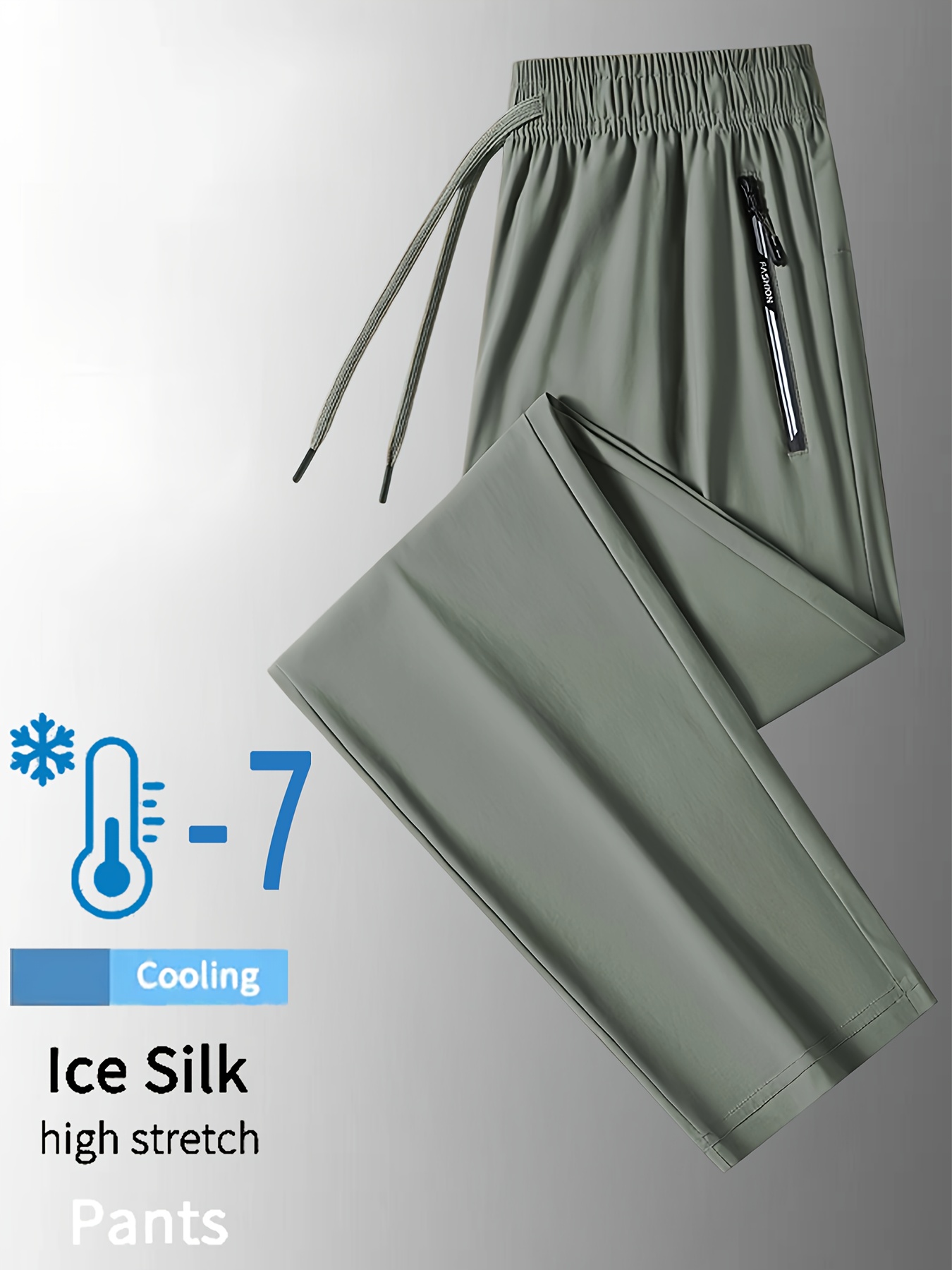3pcs mens ice silky fiber casual pants high stretch breathable cooling loose fit straight leg trousers with elastic waist pockets machine washable for spring summer 3 colors grey beige trousers trousers pocketed trousers warm weather clothing minimalist style soft fabric casual attire details 3