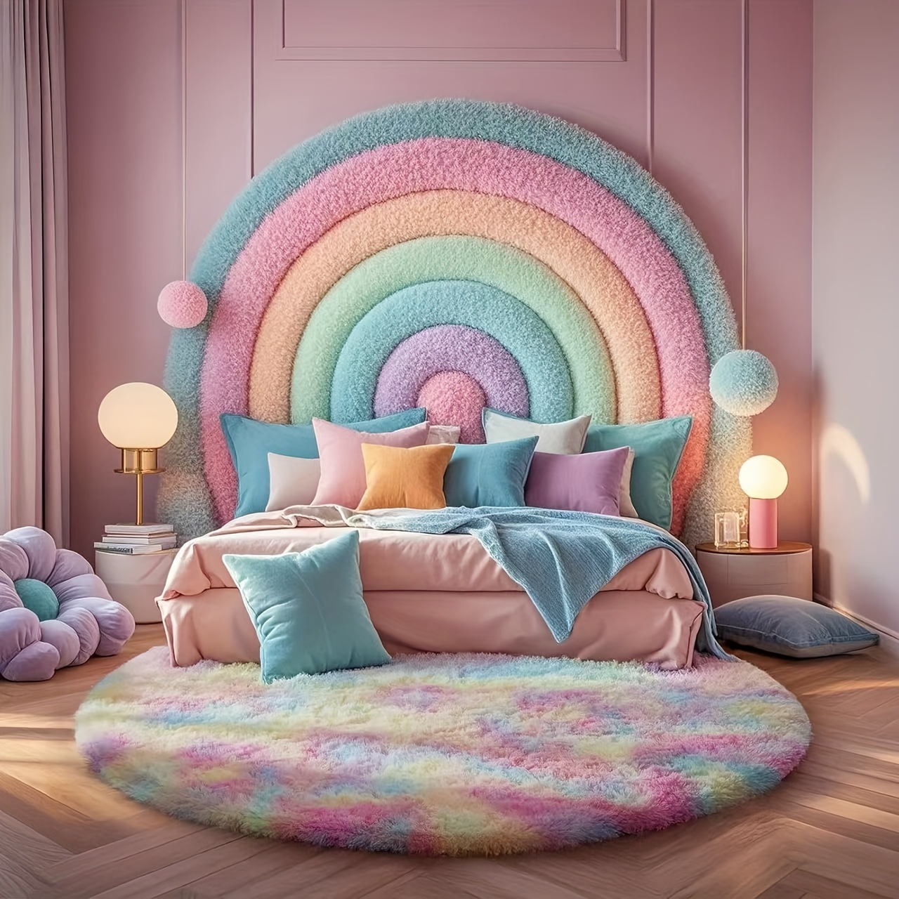 Soft Rainbow Furry Area Mat - * Shaggy Carpet for Living Room and Bedroom, Home Decor, Machine Washable Polyester, Round Shape, Bedroom Decor|Vibrant Room Accent|Machine Washable Mat, Bedroom Decor