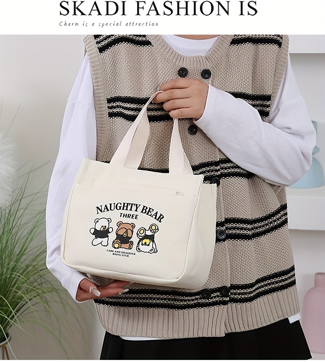 stylish minimalist tote bag with   print lightweight zippered closure fixed shoulder straps cream white khaki black     and casual   casual tote bag   material details 6