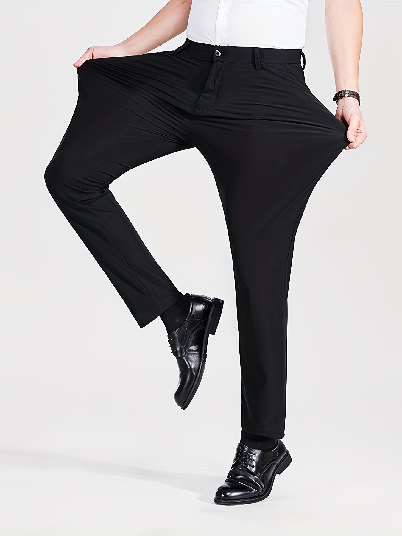 Men's Light Business Casual Dress Pants - Stretch Nylon, Solid Black, Button Detail, Machine Washable, Ideal for Summer Professional and Social Events details 2