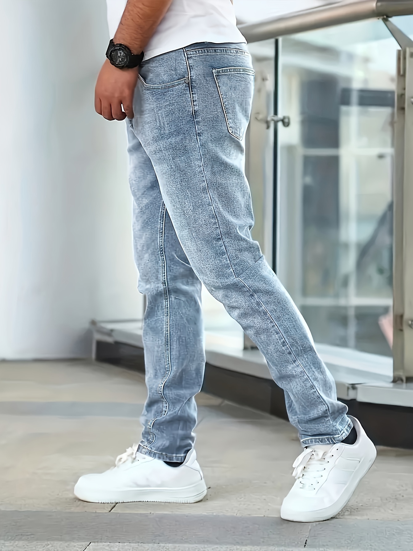 mens casual medium stretch jeans classic design denim pants details 13