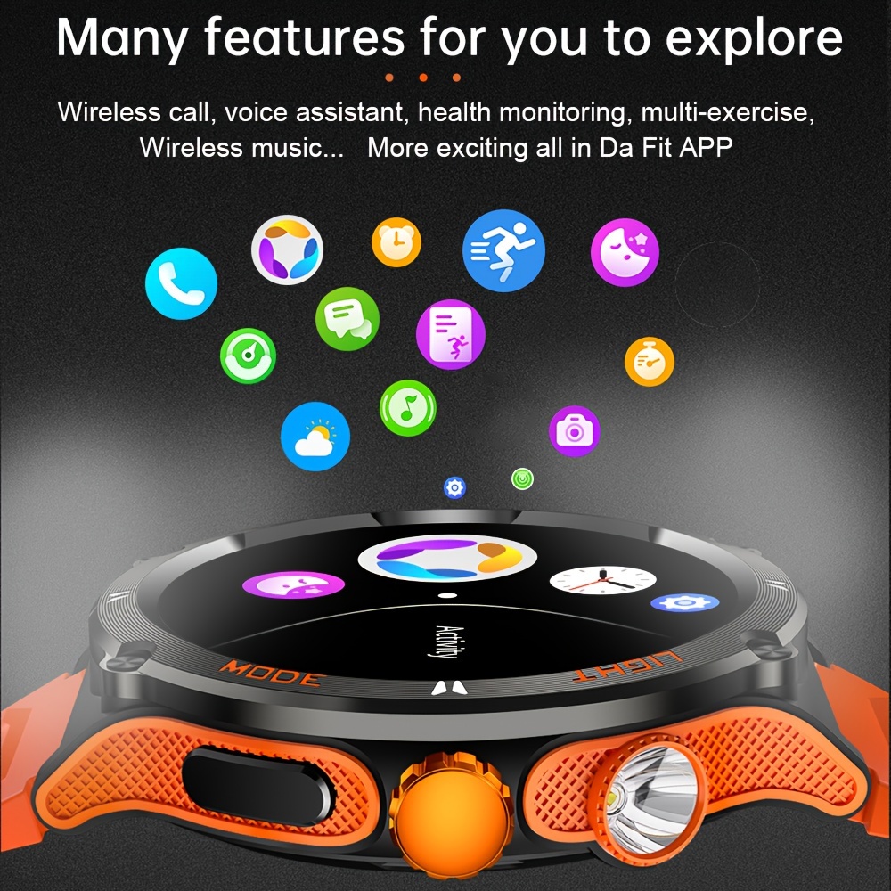 smart watch for men with led strong light flashlight 1 53 music player pedometer 100 sports modes fitness sleep monitor compass smartwatch for iphone android details 11