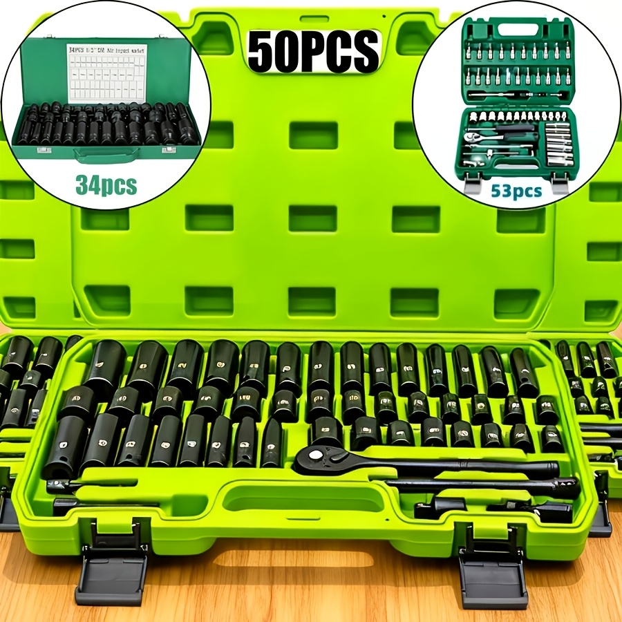 34pcs Impact Socket Set with 1/2" Drive Or 53pcs Tool Set Or 50pcs Impact Socket Set with 3/8" Drive, SAE (5/16" to 3/4") And Metric (8 to 22mm) Sizes, 6-point Design, Including Ratchet Handle, Extension Rod And Connector, Cr-V