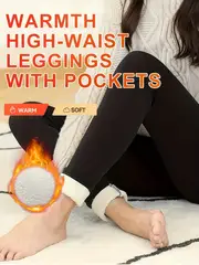 2 pcs slim high waist sports warm pants with velvet with pockets comfortable and soft suitable for autumn and winter details 1