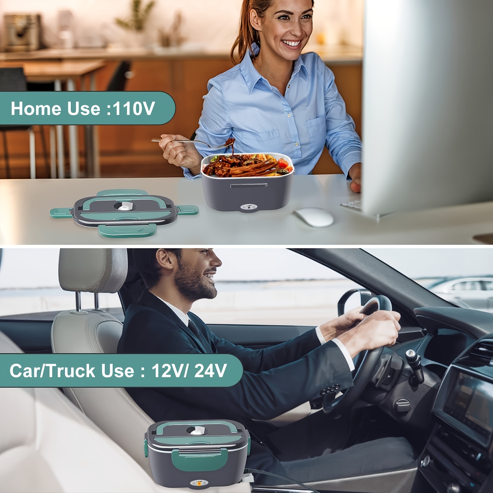 electric lunch box faster food warmer 1 8l larger self heating 12v 24v 110v portable food heater for car truck work leakproof removable container with cutlery for adults details 0